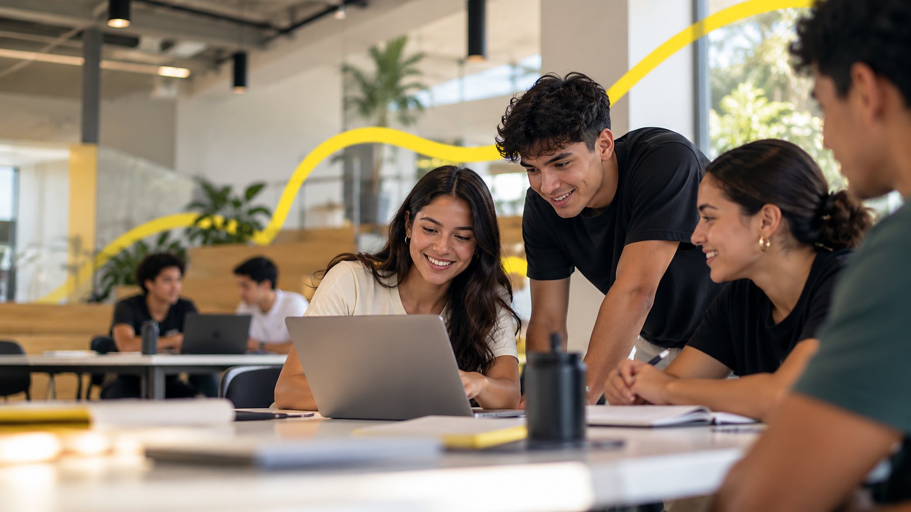 Grupo de jóvenes trabajando juntos frente a un computador