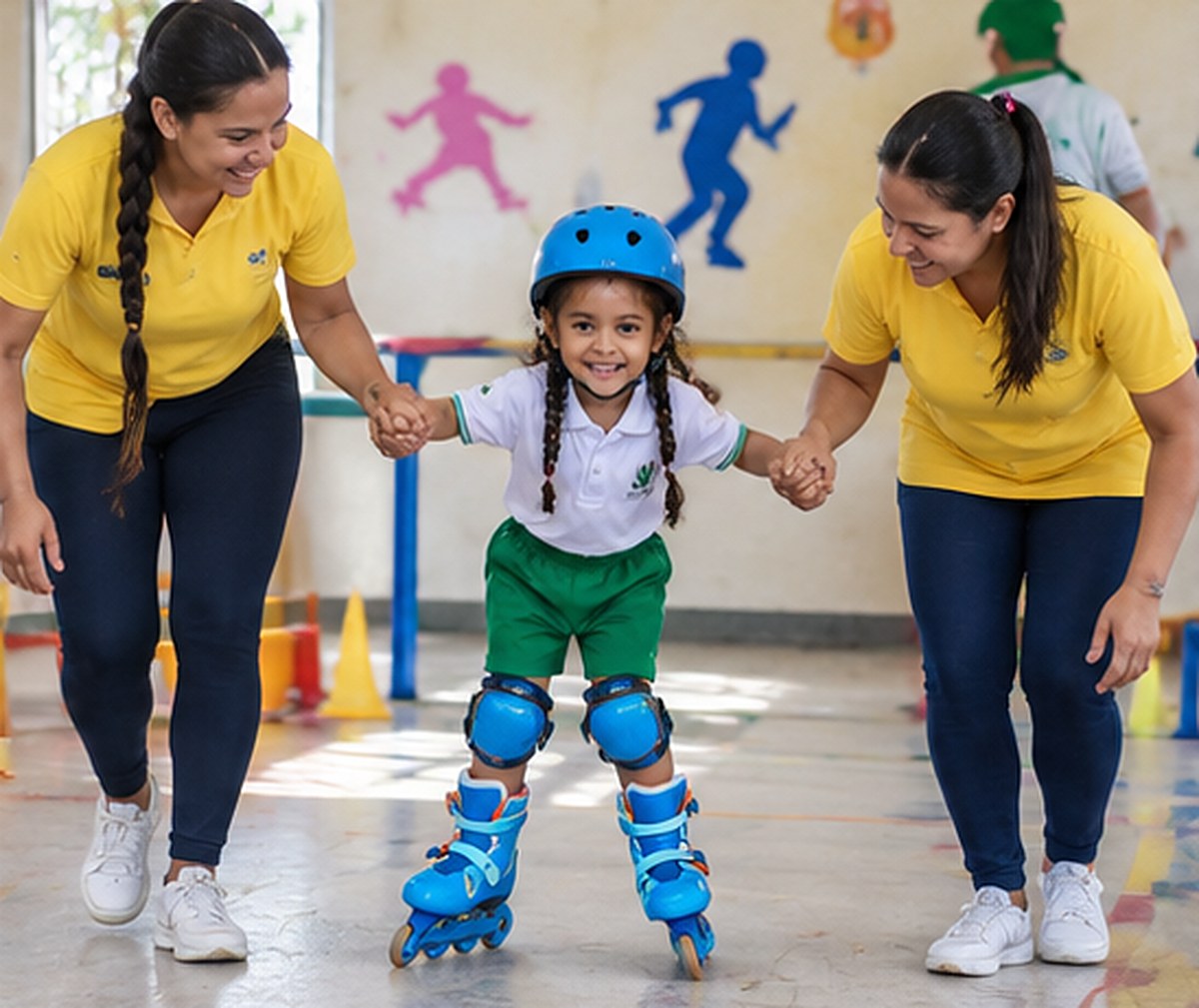 Dos profesoras sostienen a una niña en patines