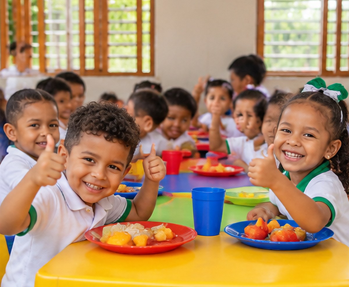 Niños y niñas sentados en sus mesas levantando el pulgar