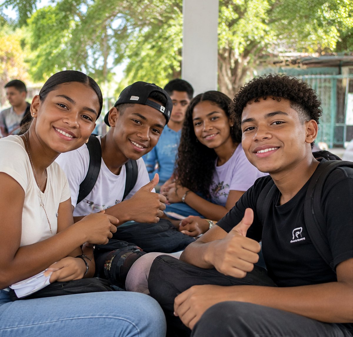 Grupo de jóvenes sonriendo y levantando el pulgar