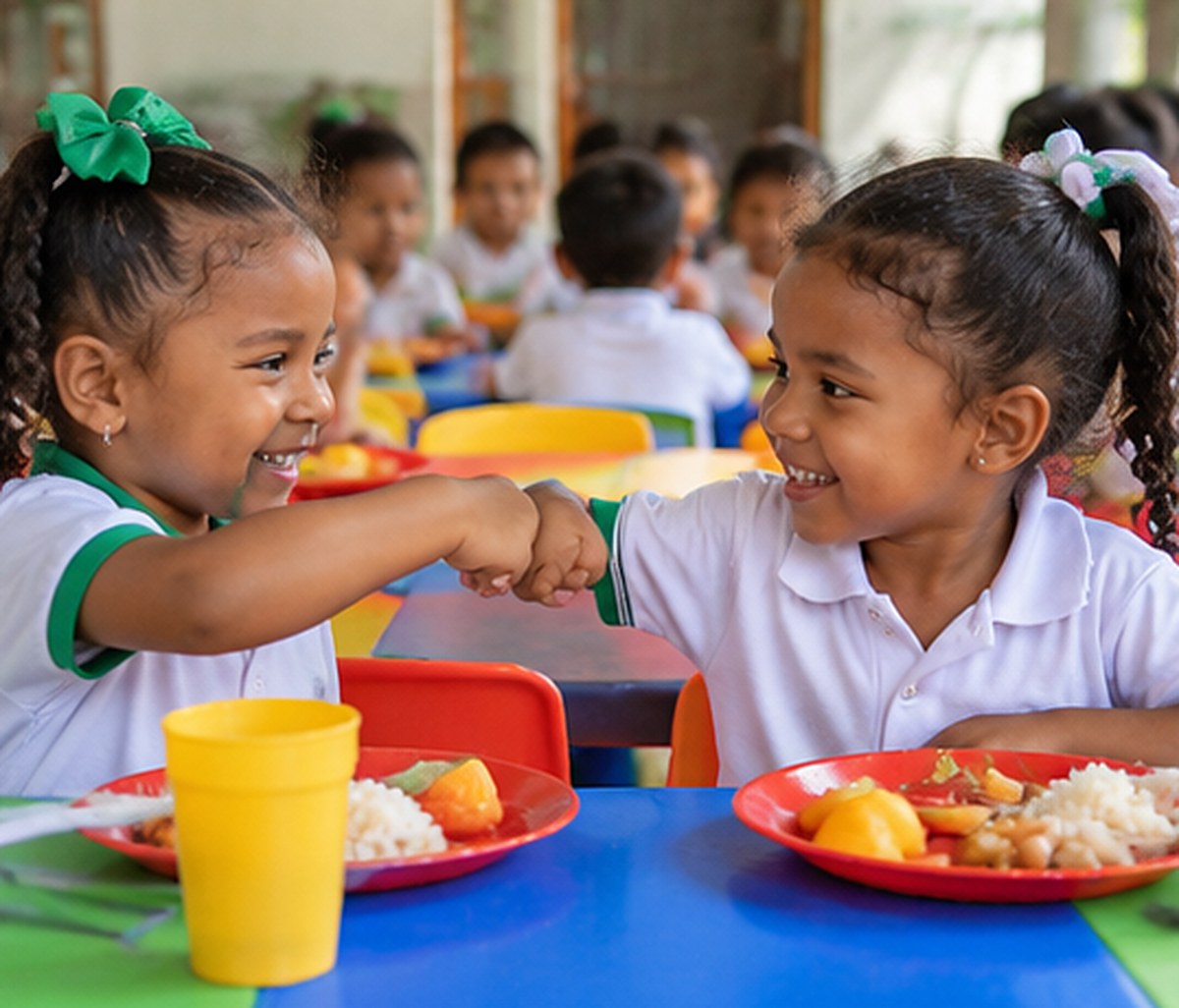 Dos niñas chocando los puños en la mesa del almuerzo